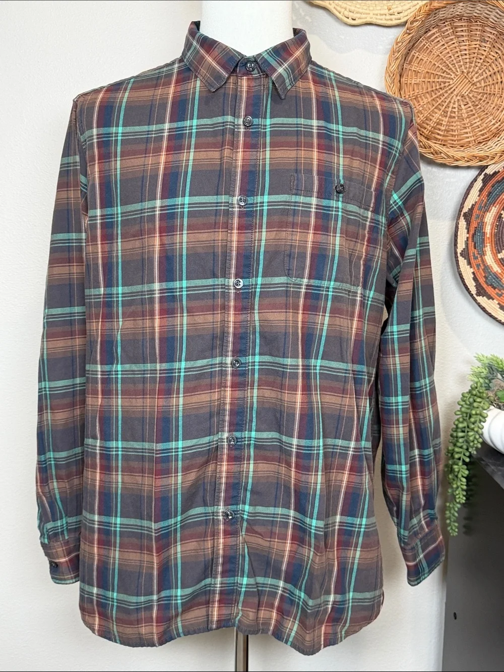Mens The North Face Button Up Shirt Blue Brown Turquoise Plaid Size X-Large